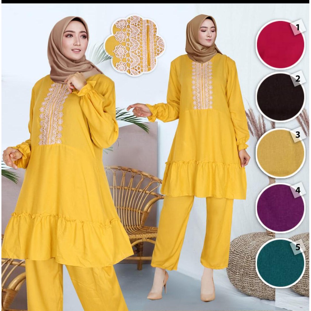 Setcel Katun Rayon viscose Renda Serut HUSNA setelan celana piyama baju tidur