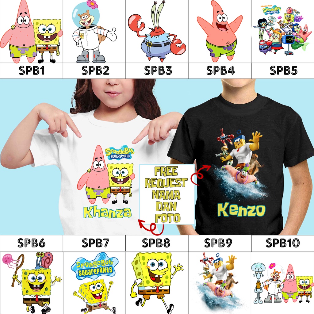 Baju / Kaos ANAK SPONGEBOB BANYAK MOTIF (FREE TULISAN/NAMA) | Kaos Custom Anak Satuan Bisa Tambah Na