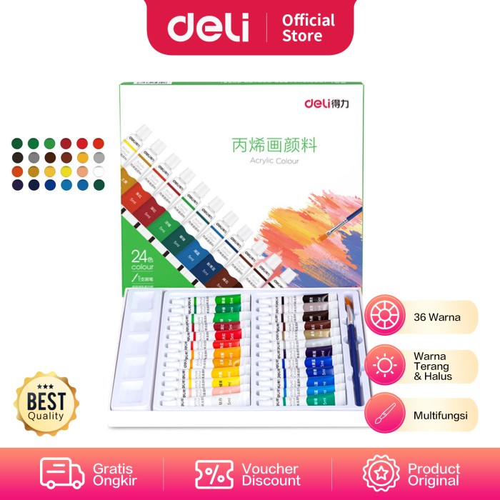 

Deli Acrylic Paint/Cat Akrilik Anak 24/36C Dapat Ditulis Di Kain 7391X - 24 WARNA 5ml
