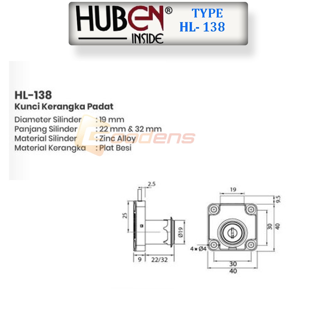 Huben HL 138 Kunci Laci Lemari Kerangka Padat