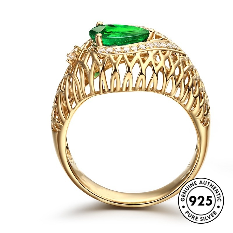 Cincin Lapis Sterling Silver 925 Model Hollow Dengan Emerald Untuk Wanita