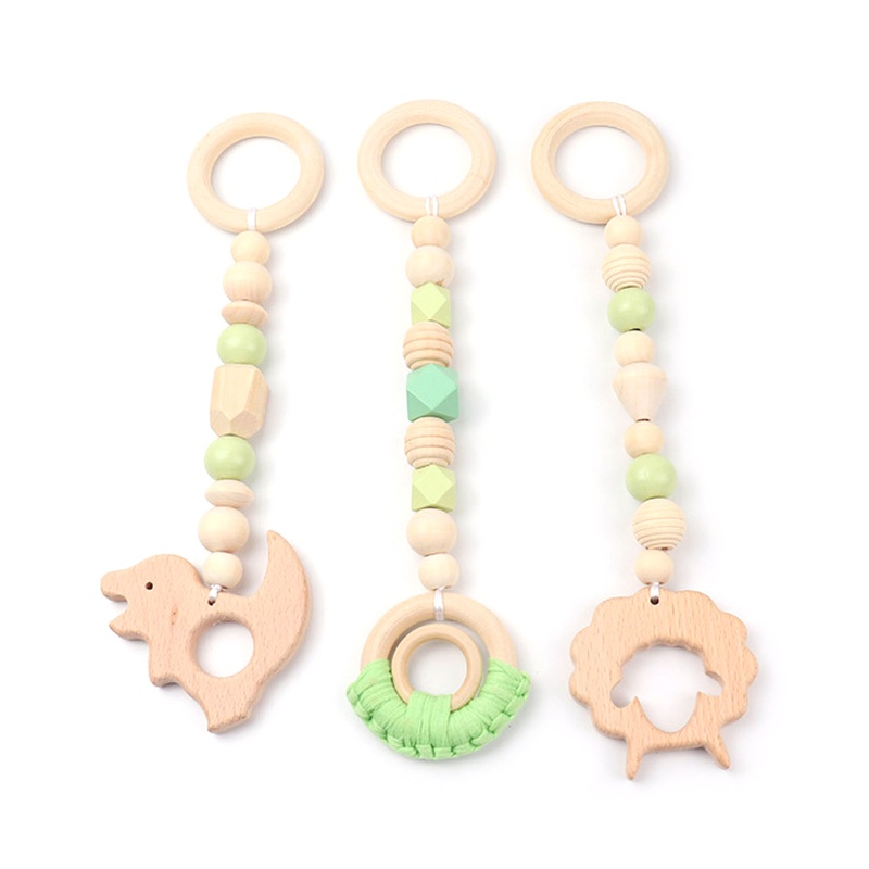 Mary 3pcs / Set Mainan Rattle + Teether + Ring Kayu Motif Kartun Hewan Domba / Dinosaurus Untuk Bayi / Stroller