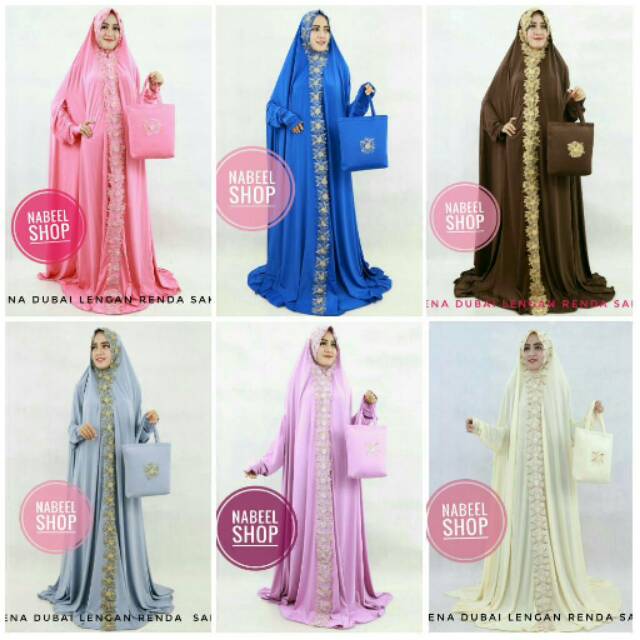 Mukena dubai terusan berlengan renda bordir sakura