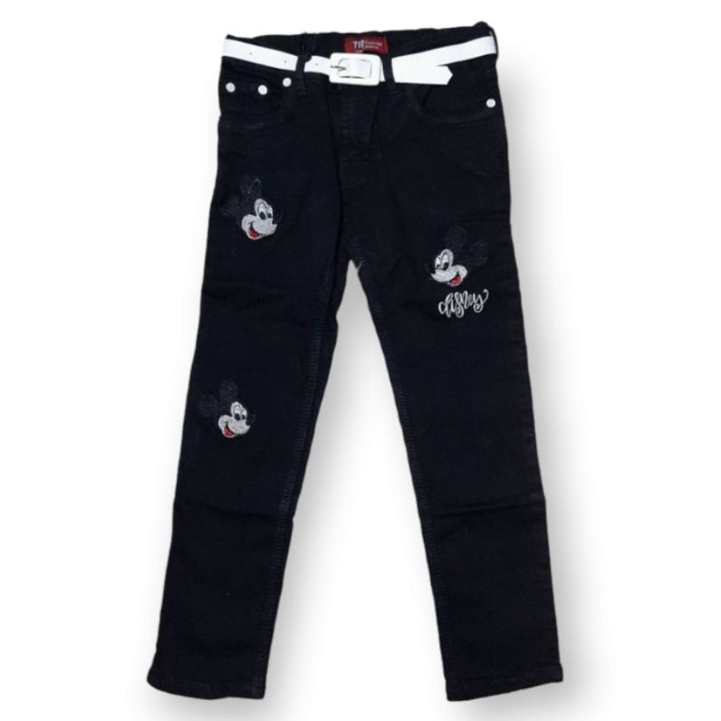 Celana Panjang Jeans Anak Perempuan Umur 6-7-8 Tahun Warna Hitam Motif Kartun Mickey Kualitas Import