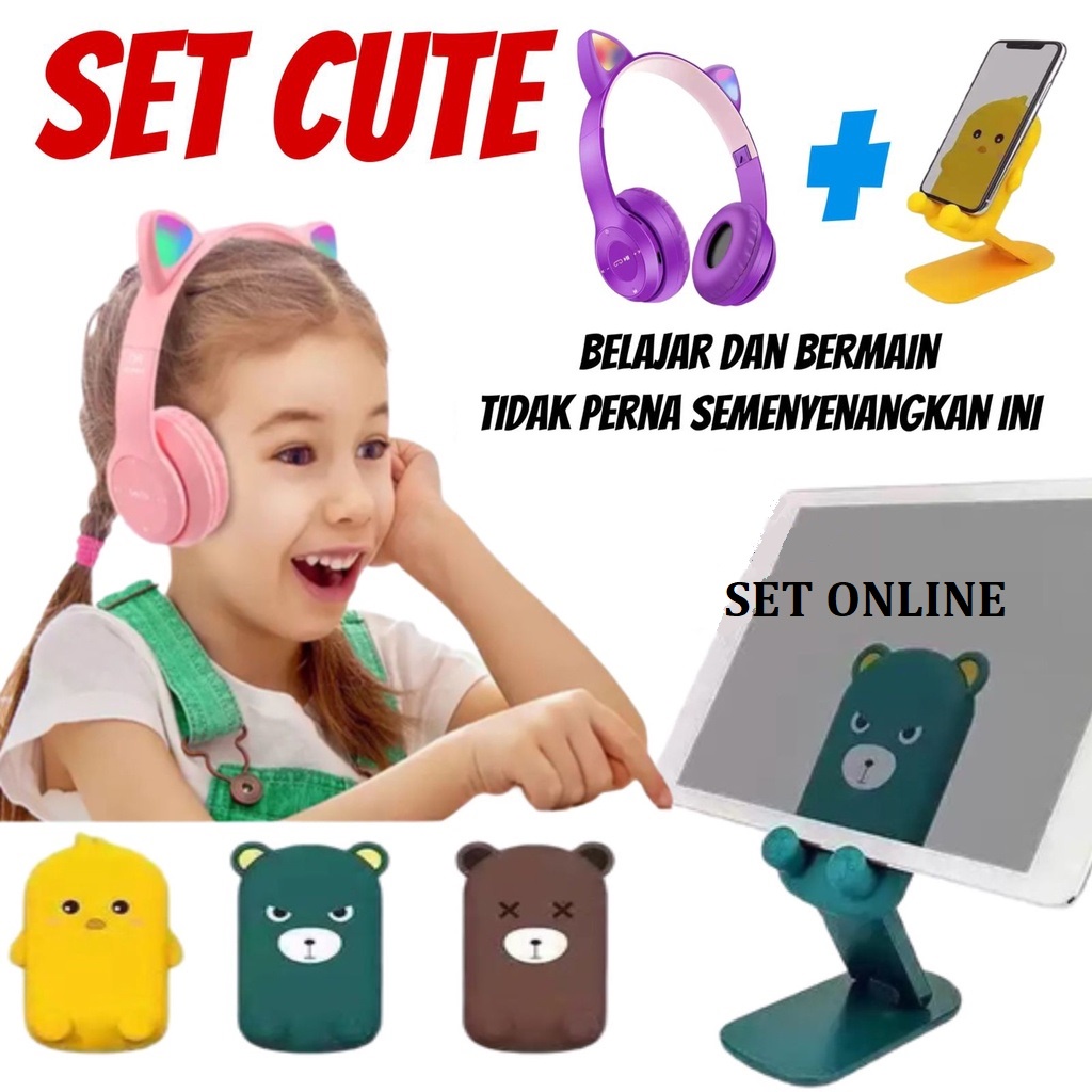 Silvertech Paket Belajar Online Headphone Bluetooth dan Holder Meja Imut Headphone Kucing dan Holder Meja Karakter