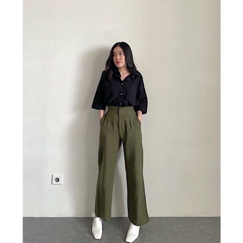 Celana Kulot Highwaist Kancing Resleting Poli Katun