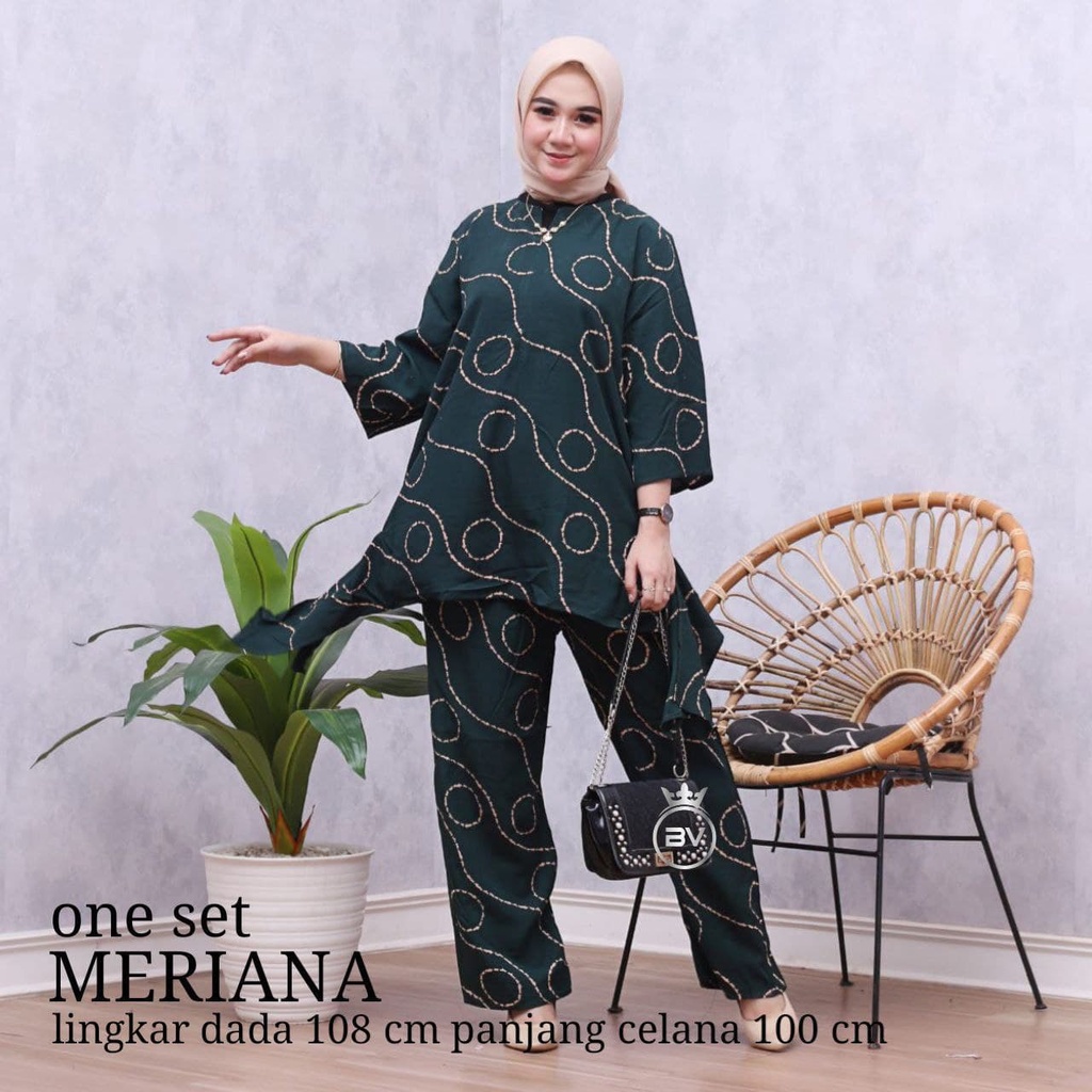 Meriana Set - One Set Wanita Rayon Premium Setelan Wanita Batik Lengan 7/8 Set Celana Kekinian LD 108 cm