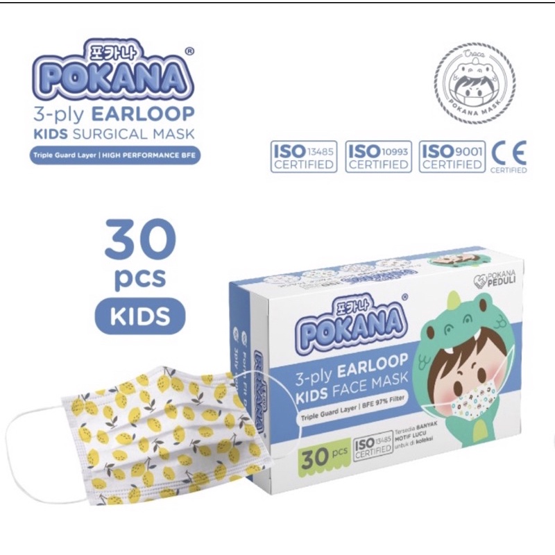 Pokana 3ply Earloop Surgical Face Mask Kids isi 30 pcs