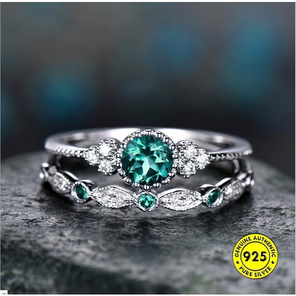 Cincin Sterling Silver 925 Bertatahkan Zamrud Zircon Sapphire