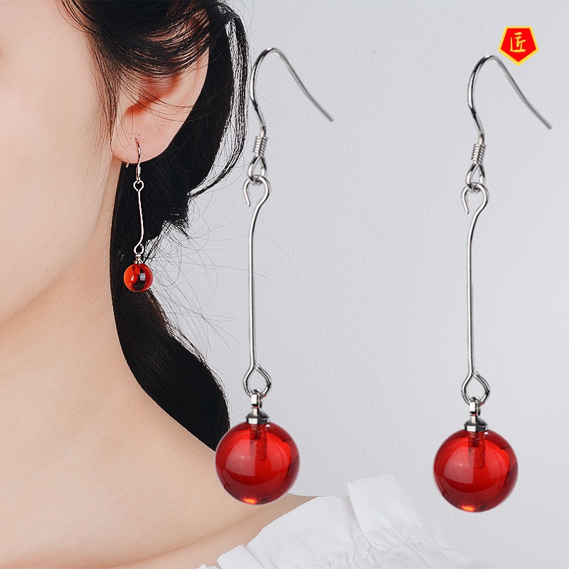 [Ready Stock]Ethnic Simple Fashion Red Agate Earrings Retro Temperament