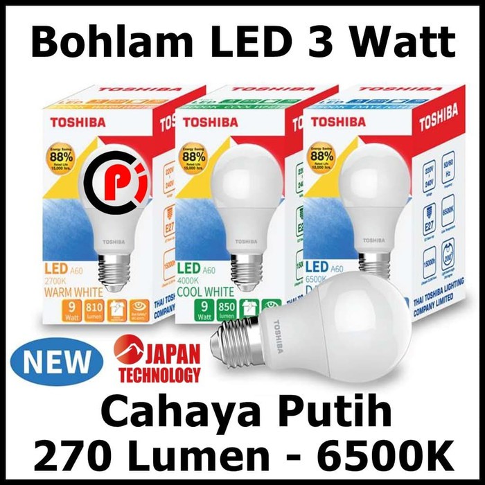 Toshiba Bohlam Lampu LED Cahaya Warna Putih 3 Watt 3W Hemat Energy