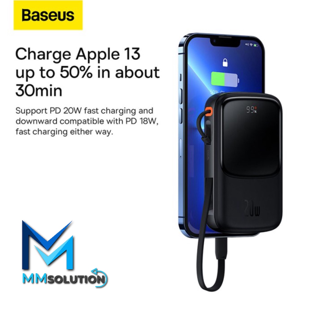 Power Bank Baseus 20W Display Fast Charging Built in Cable iPhone