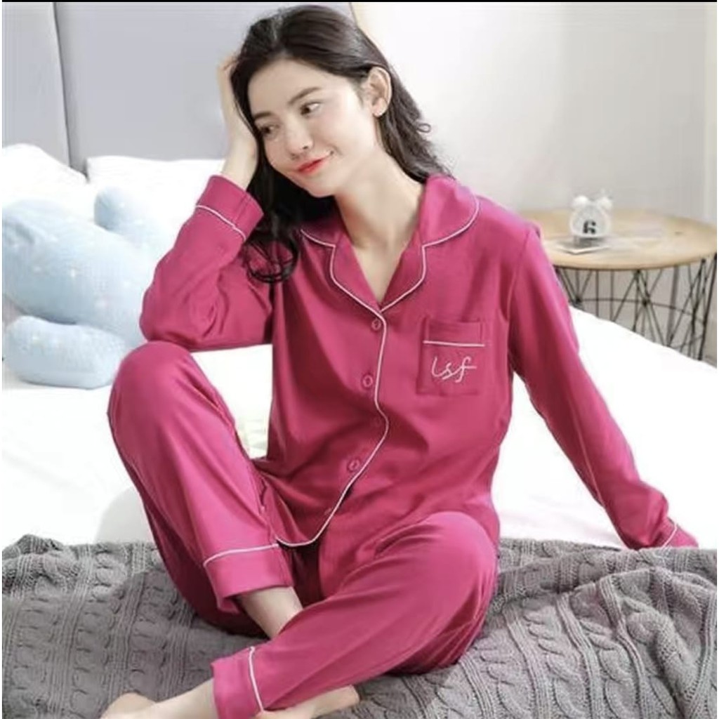 Baju tidur piyama lengan panjang celana panjang bahan kaos import