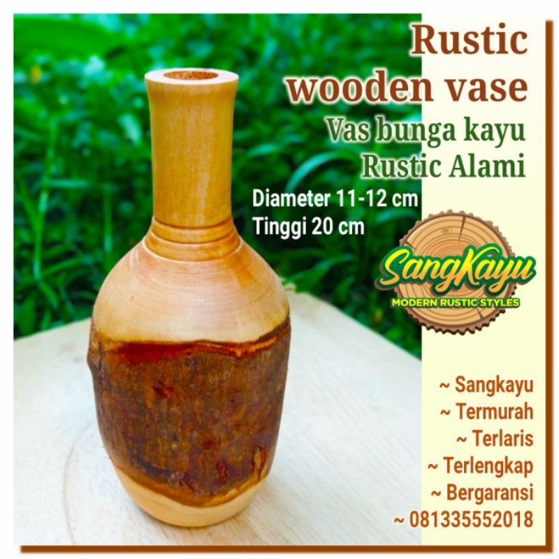 Vas bunga kayu rustic wooden vase pot kayu unik 20cm kayu solid alami