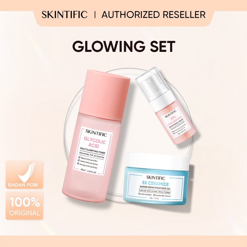 SKINTIFIC Daily Whitening Set 3PCS for Beginner Daily Clarifying Toner + Brightening Serum + 5X Ceramide Skin Barrier Repair Moisturizer [BPOM]