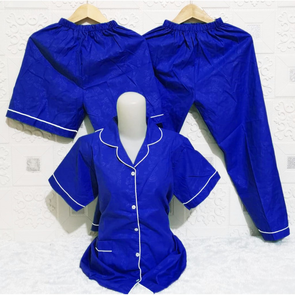 ISANNY PIYAMA SET 3IN1 SIZE XXL/SATIN EMBOSS 3IN1 JUMBO/BAJU TIDUR DEWASA/READY STOCK-BIRU BCA