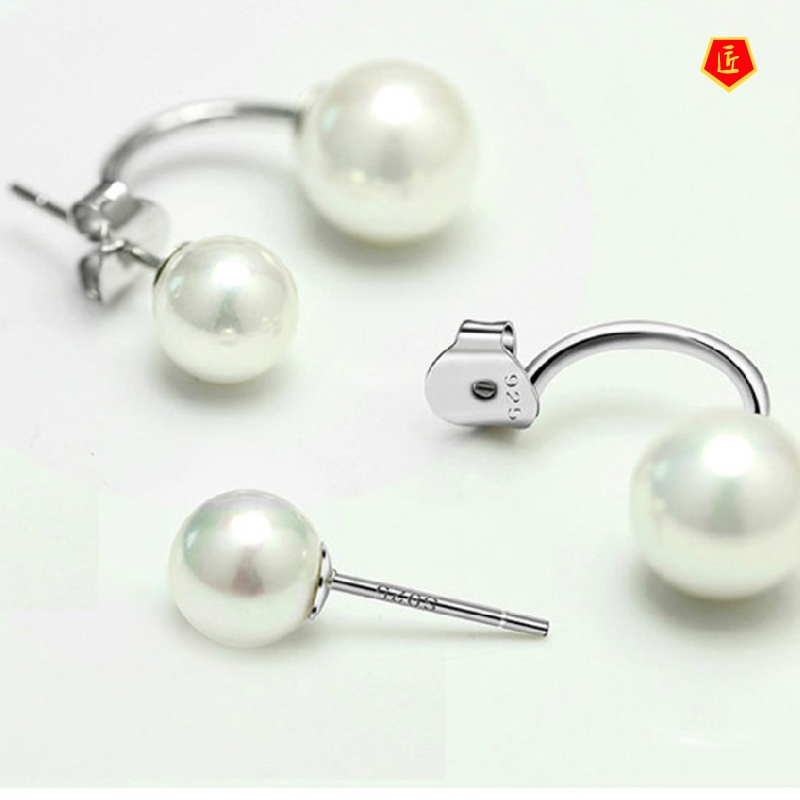 [Ready Stock]Silver Pearl Double-Sided Ear Studs