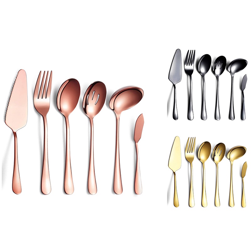 6-Piece Serving Flatware Sierware Set, Serving Utensil Set,Include Cake Server, Slotted Serving Spoon Rose Gold