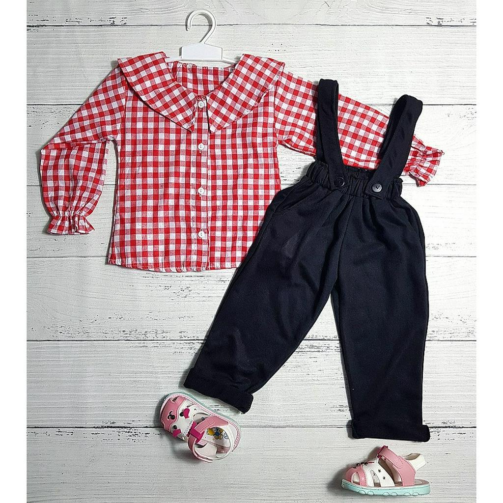 SETELAN ANAK PEREMPUAN/KEMEJA JUMPSUIT/MOTIF KEMEJA KOTAK KOTAK/CELANA JUMPSUIT/UNTUK USIA 3 TAHUN- 8 TAHUN/BISA COD