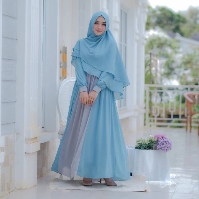 Yasmin Set Syari Setelan Baju Syari Plus Pashmina Polos Fashion Wanita - Blue