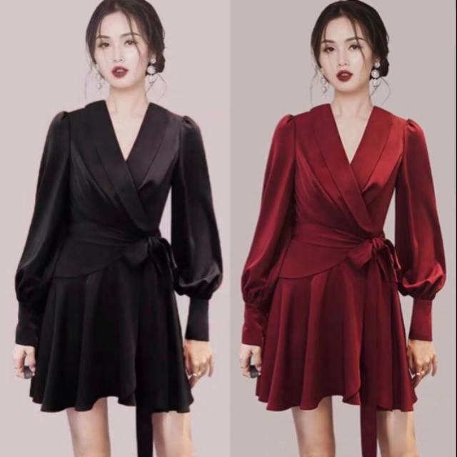 dress sleeve mini flare satin suede velvet puff puffy balloon balon sleeve kiong hi imlek gong xi