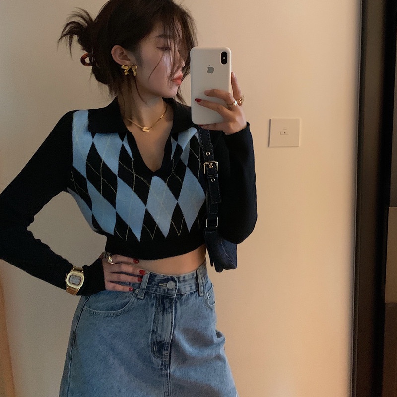 [chaoo.id]Knit Kotak-kotak Atasan V-neck Wanita Import Lengan Panjang Knitwear Loose /Cardigan Rajut V-Neck Lengan Panjang Gaya Retro Untuk Wanita/Korean Vneck Crop Top Blouse / Polo Shirt Atasan Wanita