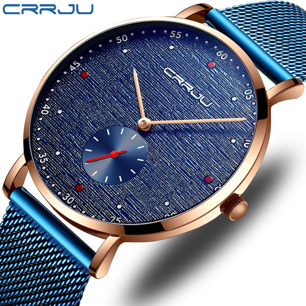 CRRJU Jam Tangan Quartz Bisnis Casual Anti Air Warna Biru Bahan Stainless Steel untuk Pria
