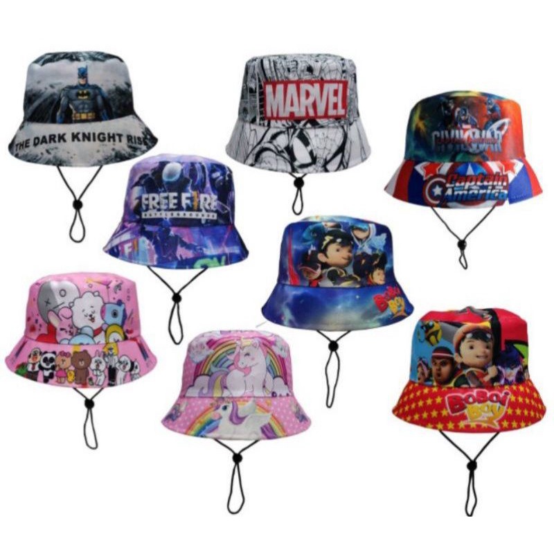 Topi Bucket Anak Tali Sablon Karakter Kartun &amp; Hero