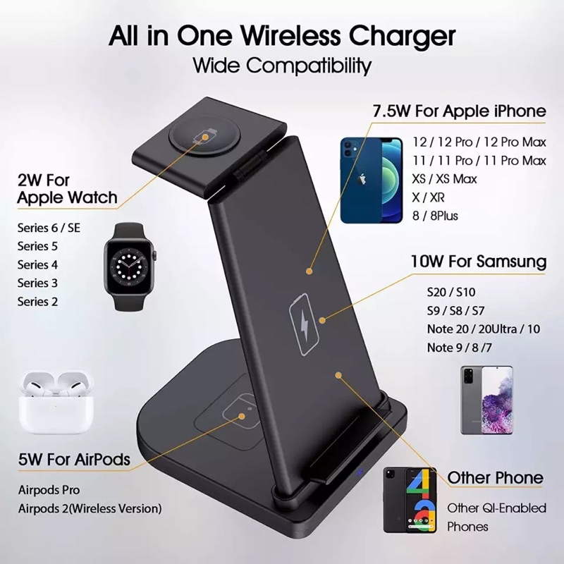 ELAVO Wireless Charger 3 in 1 Foldable Travel portable Airpods 2 pro iwatch Apple watch series 1 5 7 3 Handphone Iphone 8 X XS Samsung Note galaxy