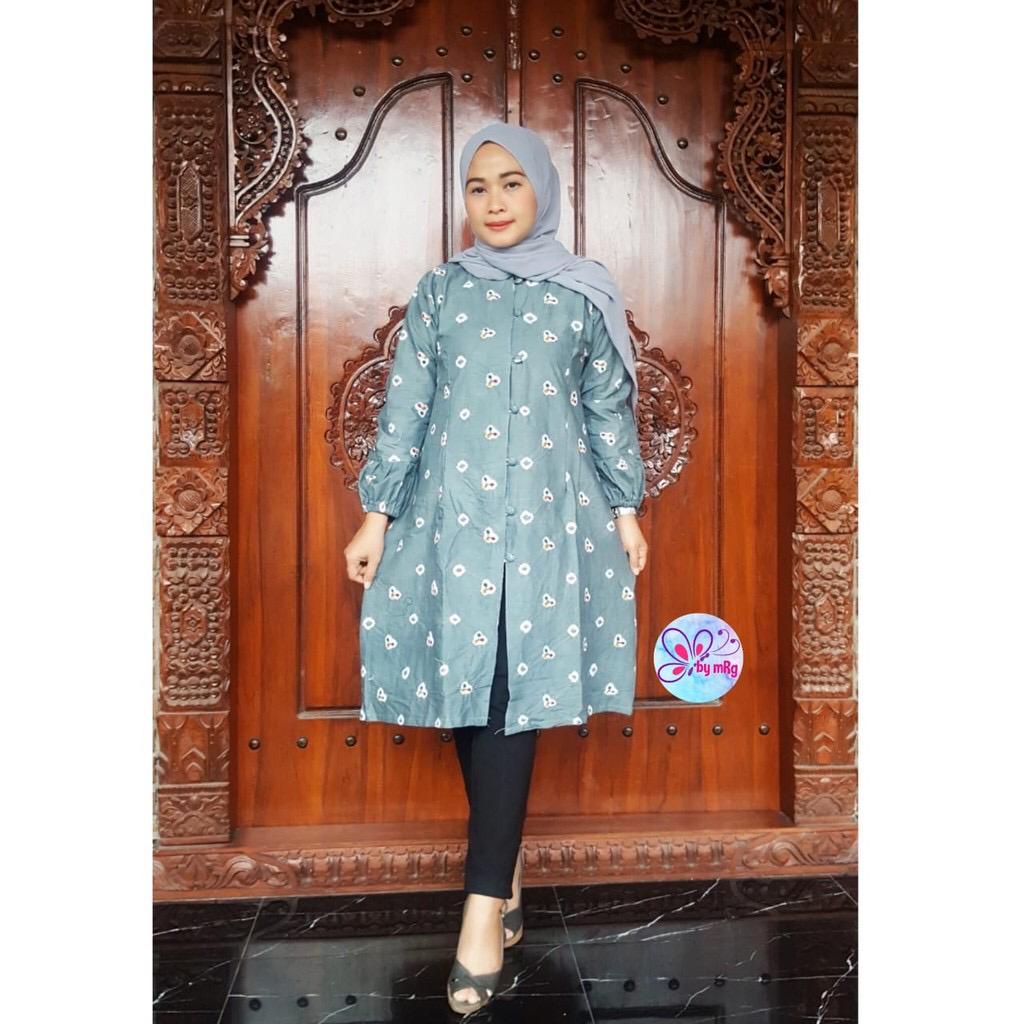 PREMIUM Tunik Jumputan Grey Dress Balon Jumput Panjang Handmade Batik Solo Motif Formal Bisa Beli Bahan Kain Saja