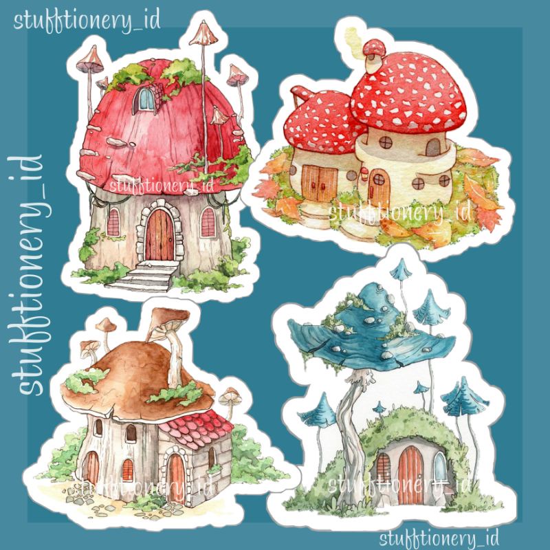 

1 set big mushroom houses painting stickers / journaling planning stationery stickers set / deco sticker set / Vintage mushrooms aesthetic
