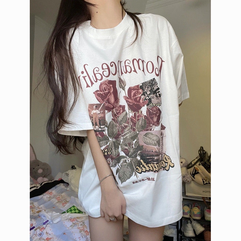 100% katun lengan pendek American retro old rose print oversize high street longgar kasual t-shirt w