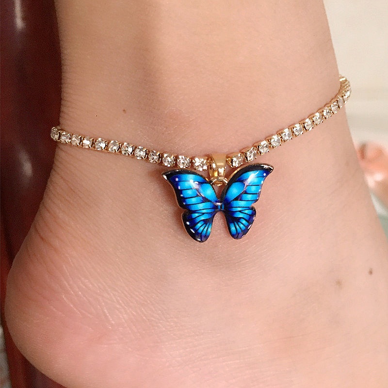 Gelang Kaki Desain Kupu-Kupu Biru Aksen Berlian Untuk Wanita