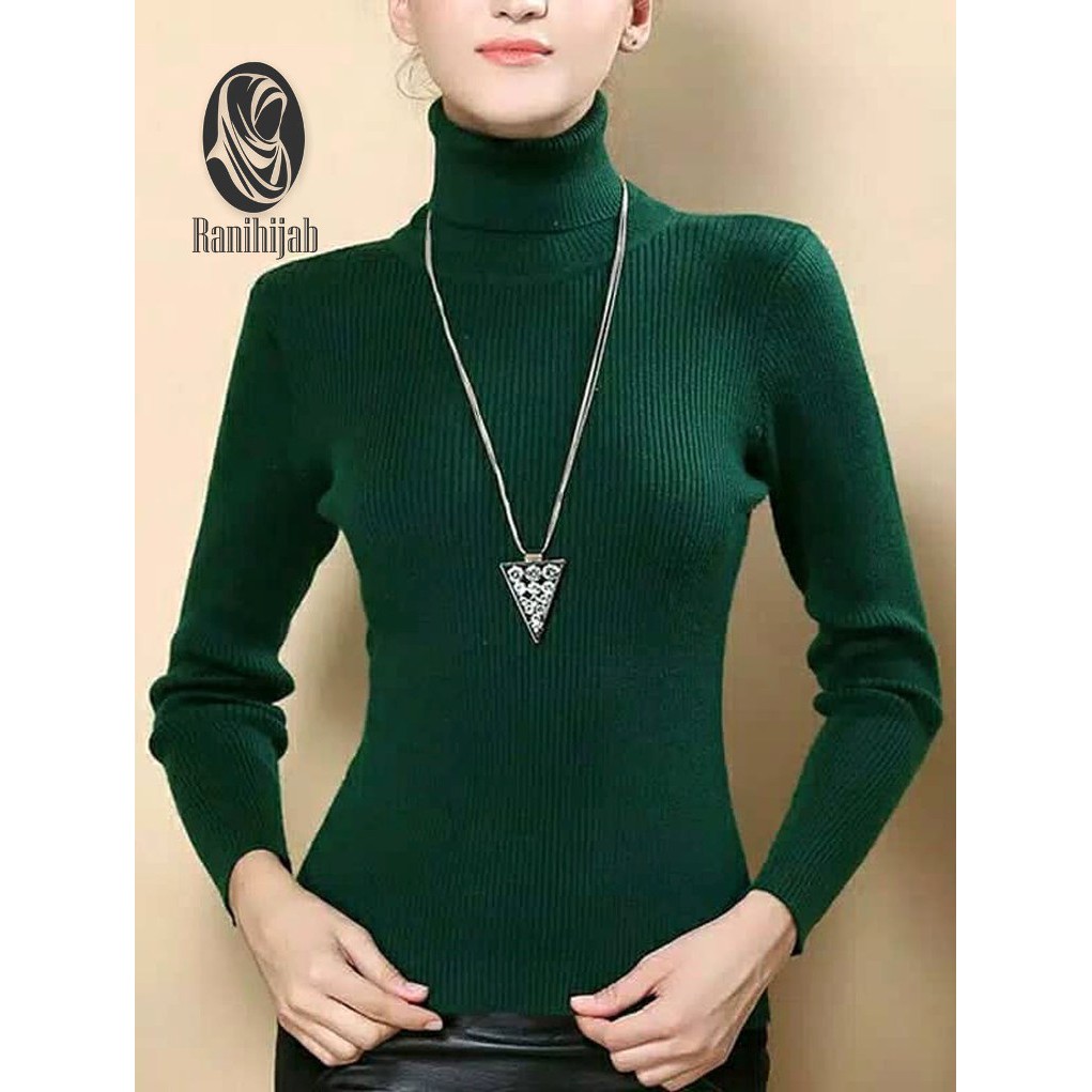 Sweater rajut wanita korea style RH - atasan rajut wanita - baju rajut wanita lengan panjang kerah tinggi motif salur turtleneck