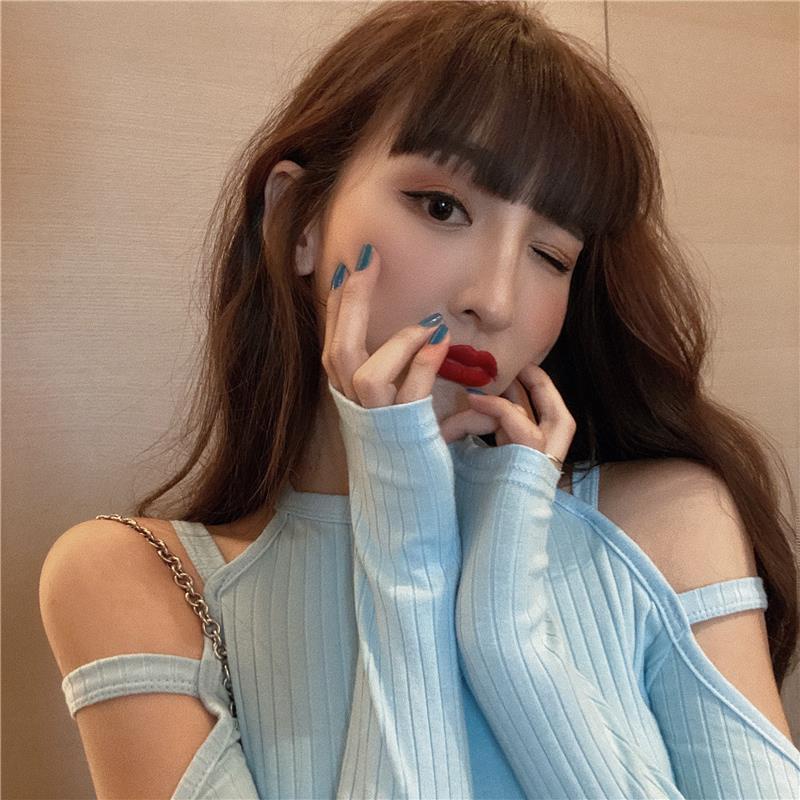 Retro desain mesin hati-hati off-the-shoulder lengan panjang T-shirt wanita musim semi all-match ram