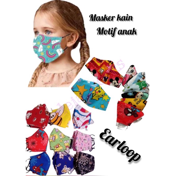 MASKER KAIN MOTIF ANAK EARLOOP COWO/CEWE ( 12 pcs random )