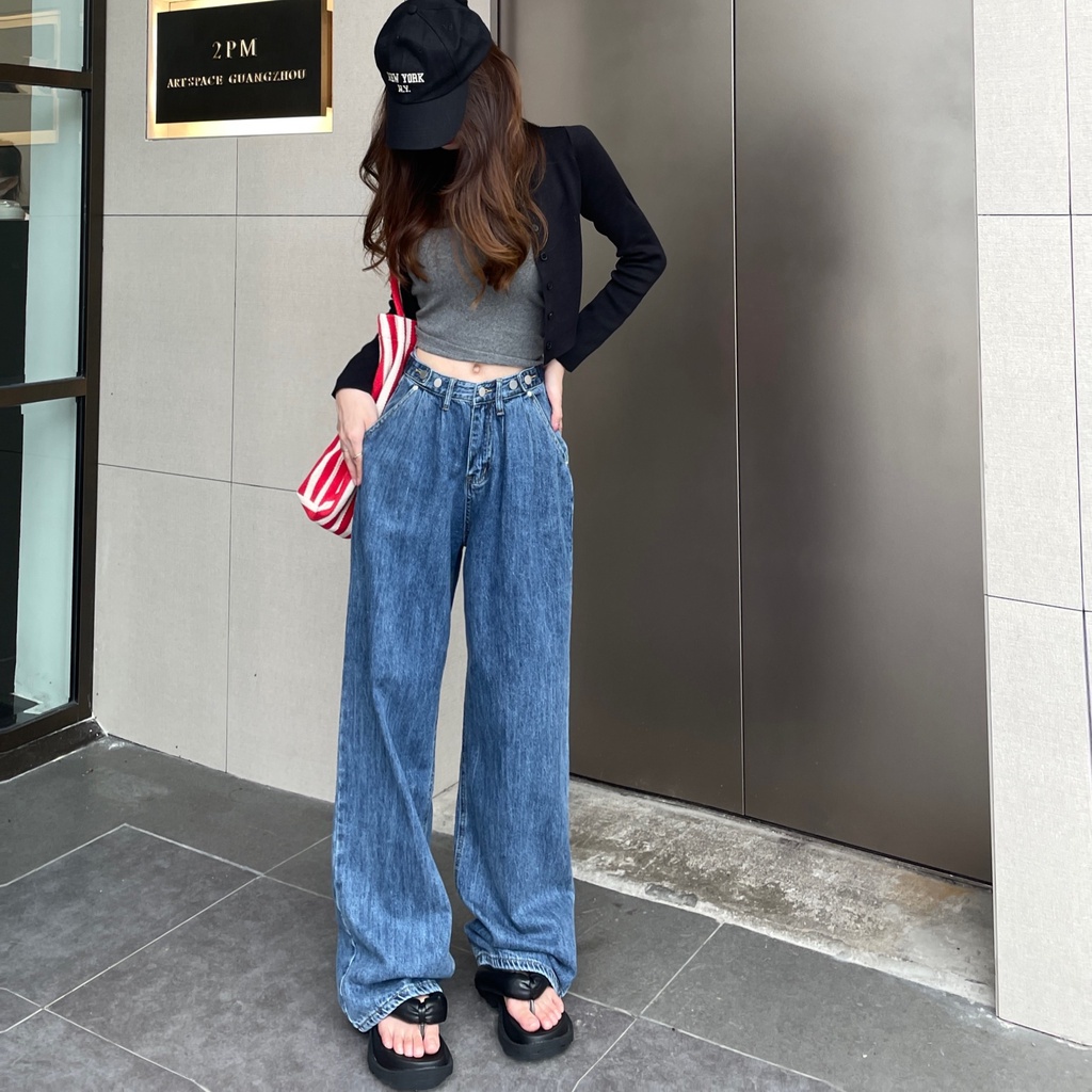 celana jeans highwaist wanita retro celana panjang loose denim pants