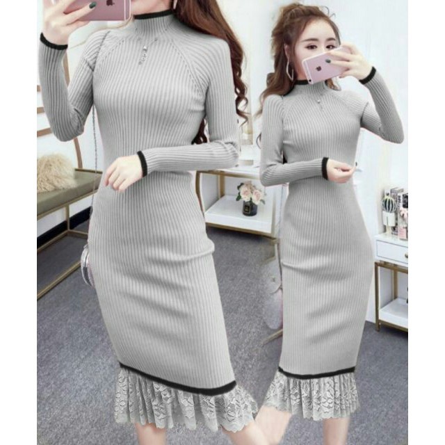 DRESS HNECK RAJUT LIST BRUKAT Dress rajut bodycon wanita Korea terbaru MIDI DRESS BRUKAT KOMBI RAJUT NS