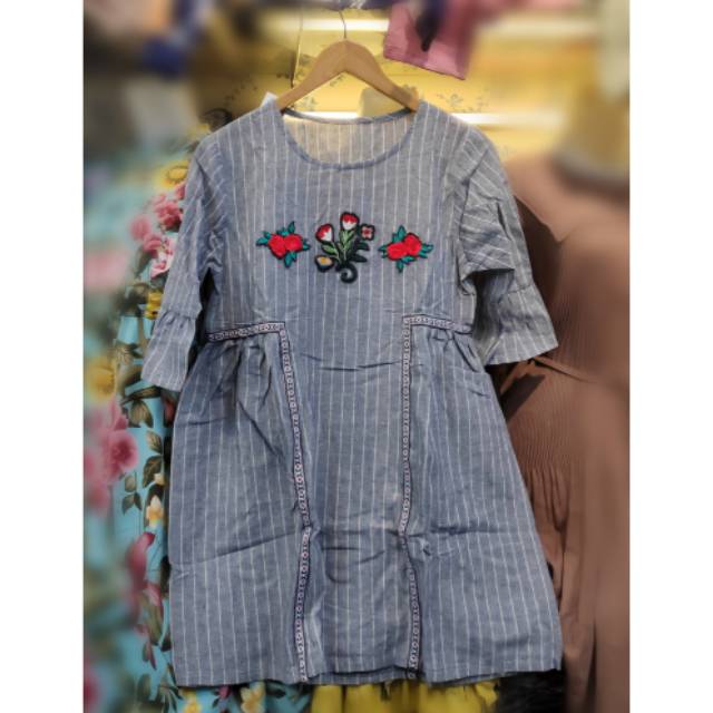 Tunik katun remaja wanita motif salur bunga bordir import