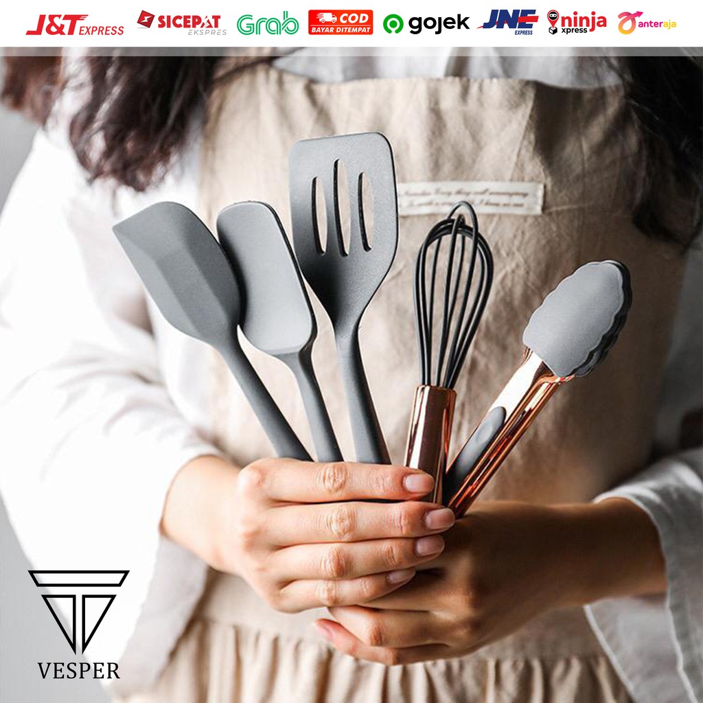 silicone kitchen utensils mini 5in1 / alat masak silikon set spatula sutil egg beater food clip set-5