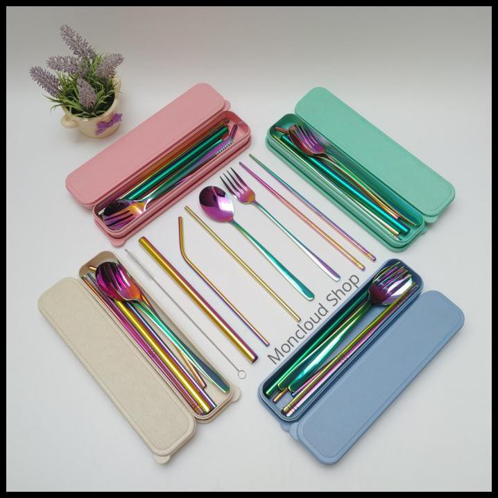 Spesial Promo - Sedotan Stainless Set Box + Alat Makan Sendok Garpu Sumpit Korea Warna - Rosegold