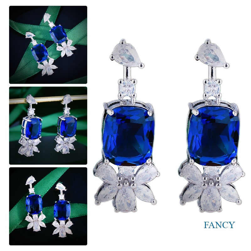 Anting Drop 925 Silvery Bentuk Bunga Warna Biru Bahan Cubic Zirconia Untuk Wanita