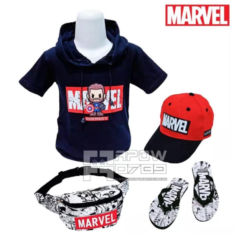 BISA COD !! Paket kumplit 4in1 kaos Hoodie anak marvel / tas waistbag/ Topi Bordir dan sandal sz 30 - 35