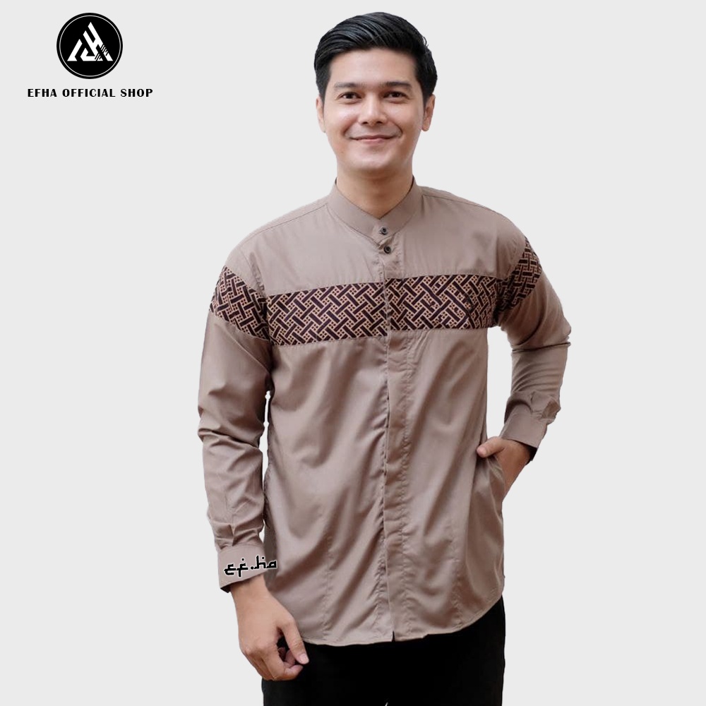 Baju koko lengan panjang motif kobata kombinasi warna coklat putih hitam