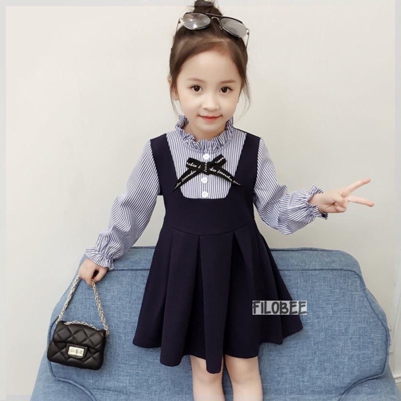 FILOBEE DRESS ANAK PEREMPUAN/DRESS KOMBINASI SALUR/PITA RENDA/NAVY SALUR