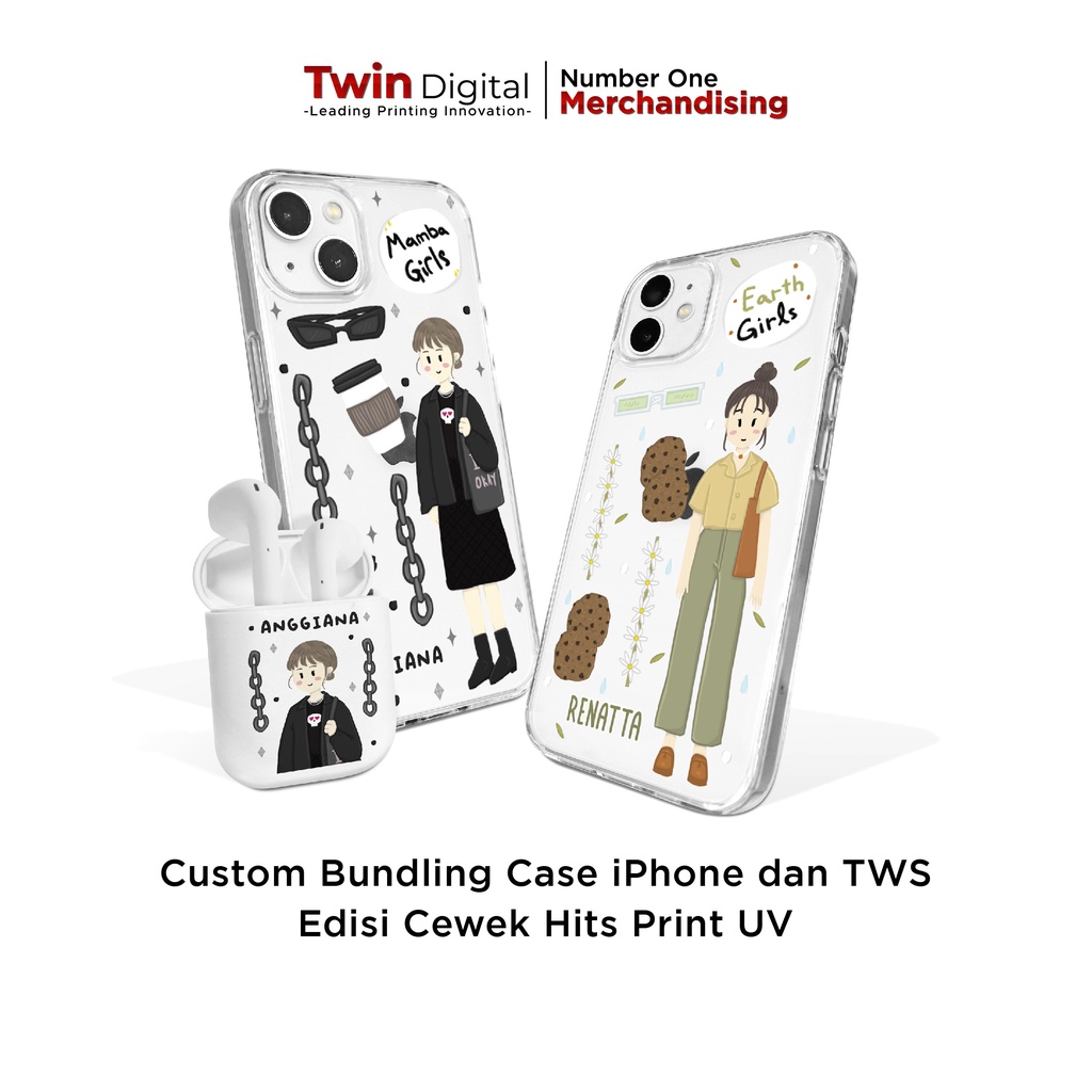 Twindigital Custom Bundling Case iPhone & TWS Edisi Cewe Hits Print UV - Hardcase & Headset Wireless