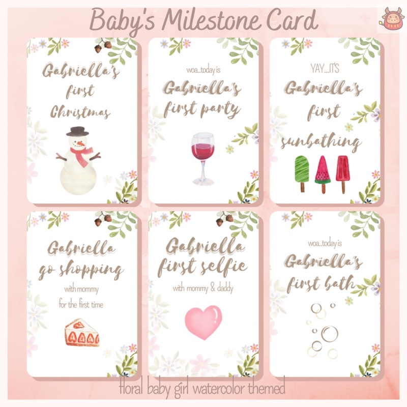 Baby milestone card baby girl premium watercolor floral theme free custom name