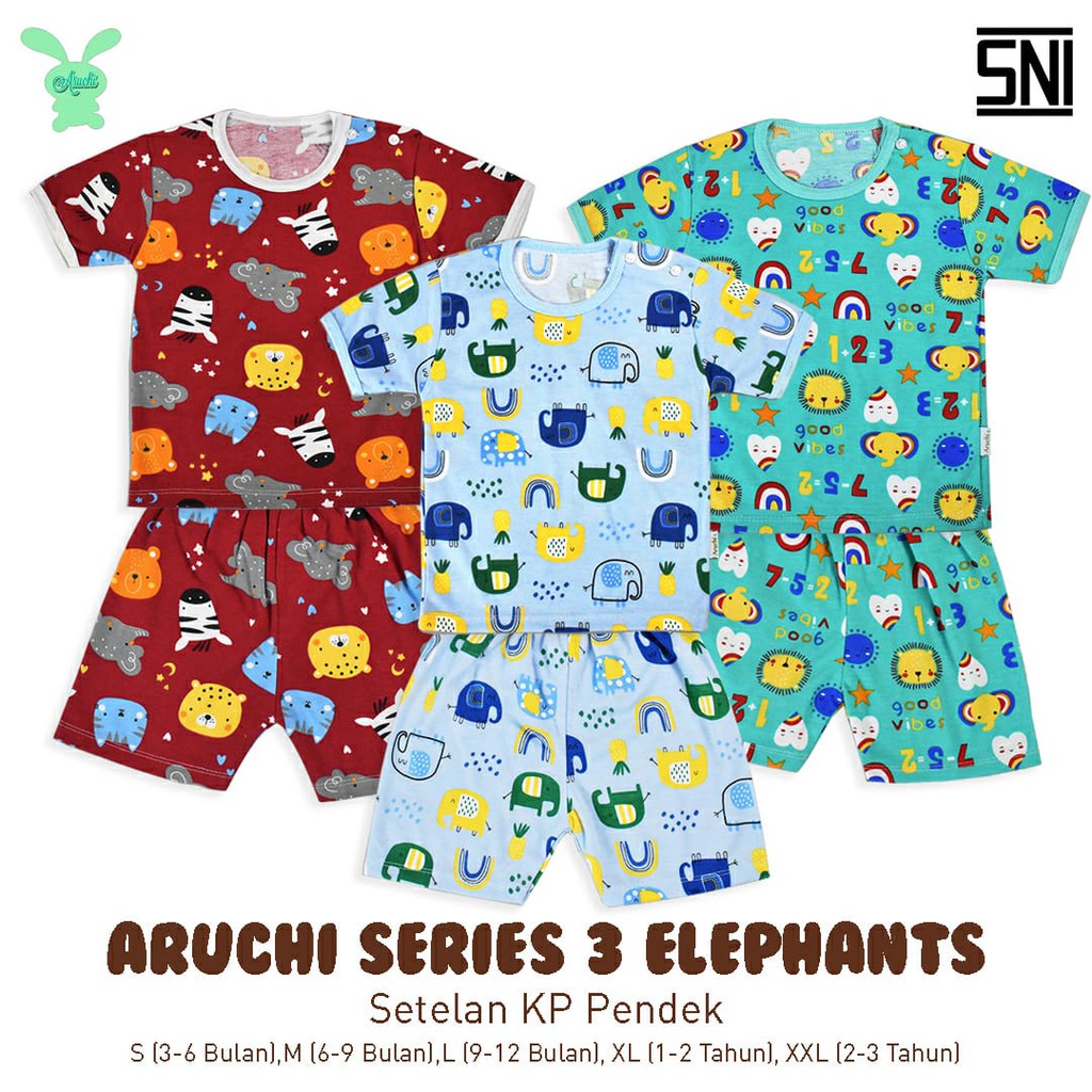 ♥BabyYank♥ Setelan pendek ARUCHI 3Elephant &amp; CROCODILE Piyama Baju Tidur Bayi SML XL XXL (3 bulan-2 THN)