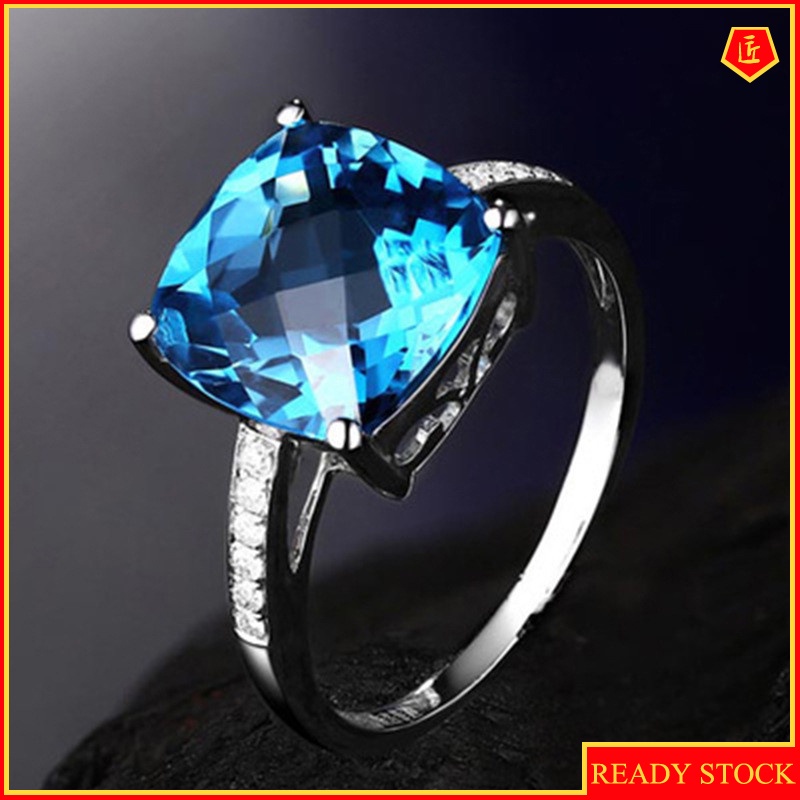 [Ready Stock]Women's Fashionable Simple High-End Blue Topaz Open Ring