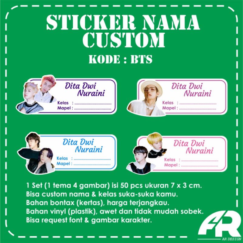 

Sticker Label Nama Buku Custom Tempelan Lucu Murah- BTS